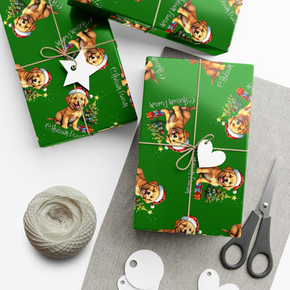 Christmas Puppy Gift Wrap Paper - Green Holiday Dog Wrapping Paper