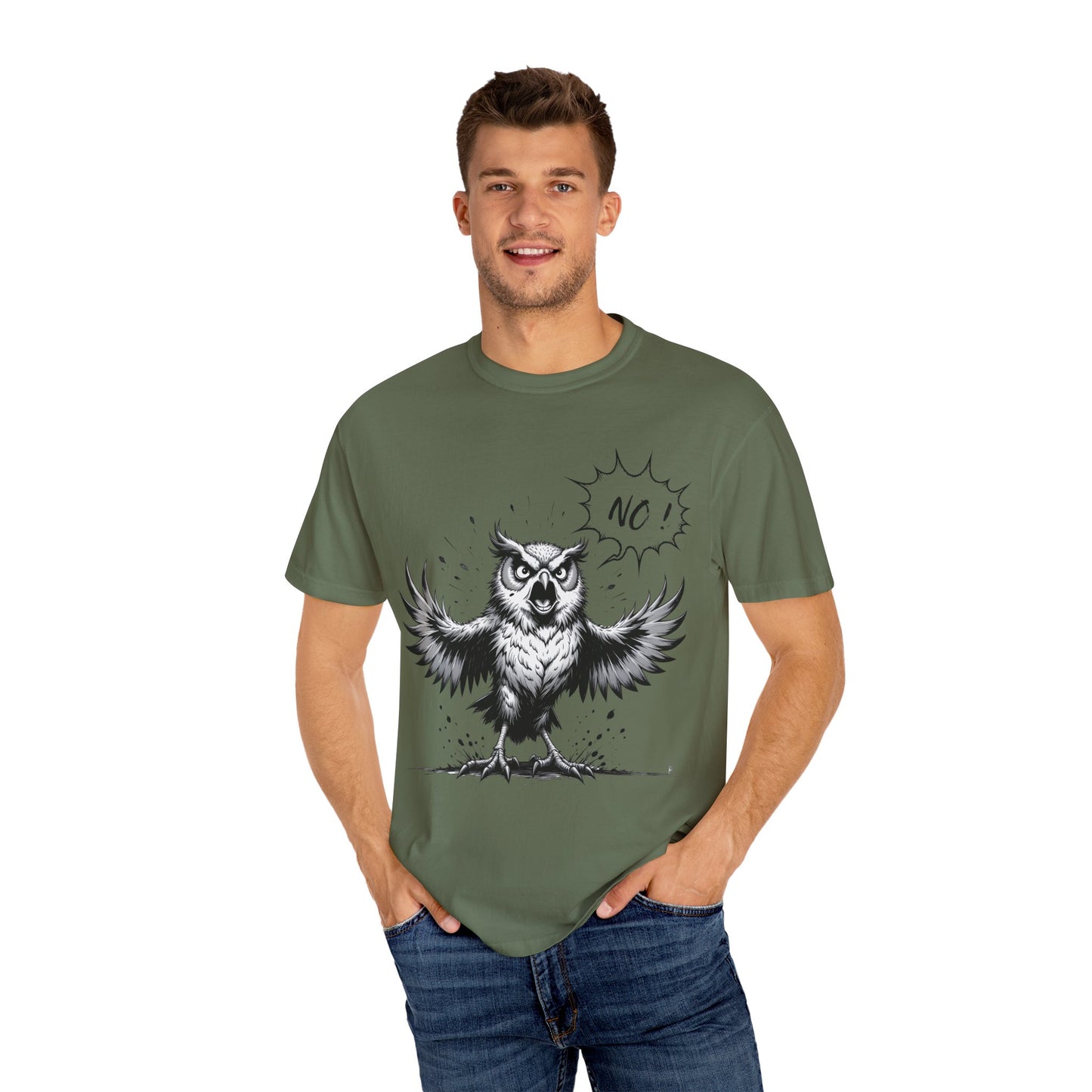 Owl Saying “No” Graphic T-Shirt — Bold Monochrome Illustration