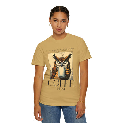 Coffee First Owl T-Shirt — Vintage Coffee Lover Graphic Tee