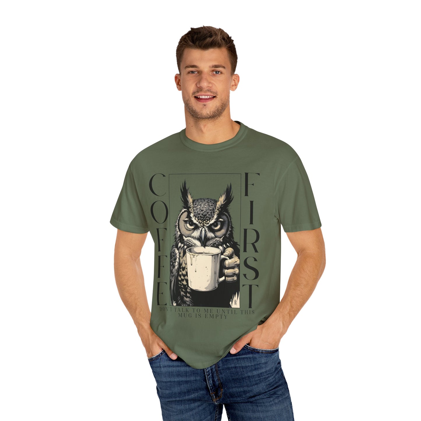 Coffee First Owl T-Shirt — Funny Morning Coffee Tee