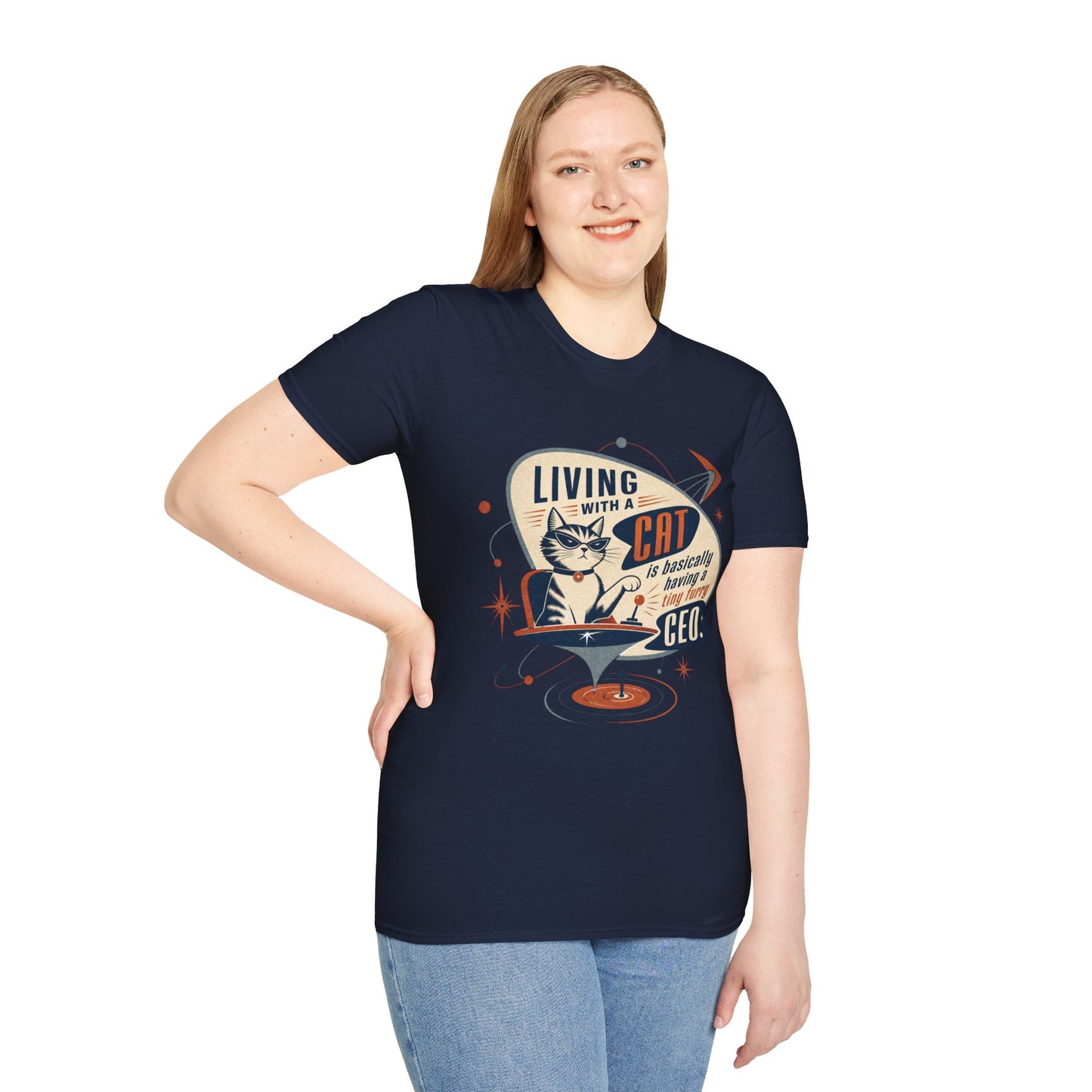 Cat T-Shirt — "Living with a Cat is Basically Having a Furry CEO" Retro Graphic