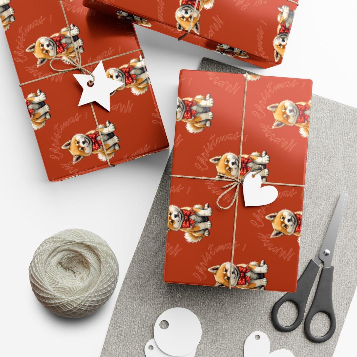 Christmas Corgi Gift Wrap Paper — Red Holiday Wrapping Paper with Cute Corgi Dogs
