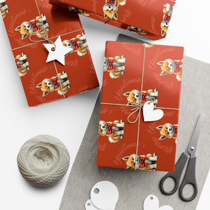 Christmas Corgi Gift Wrap Paper — Red Holiday Wrapping Paper with Cute Corgi Dogs