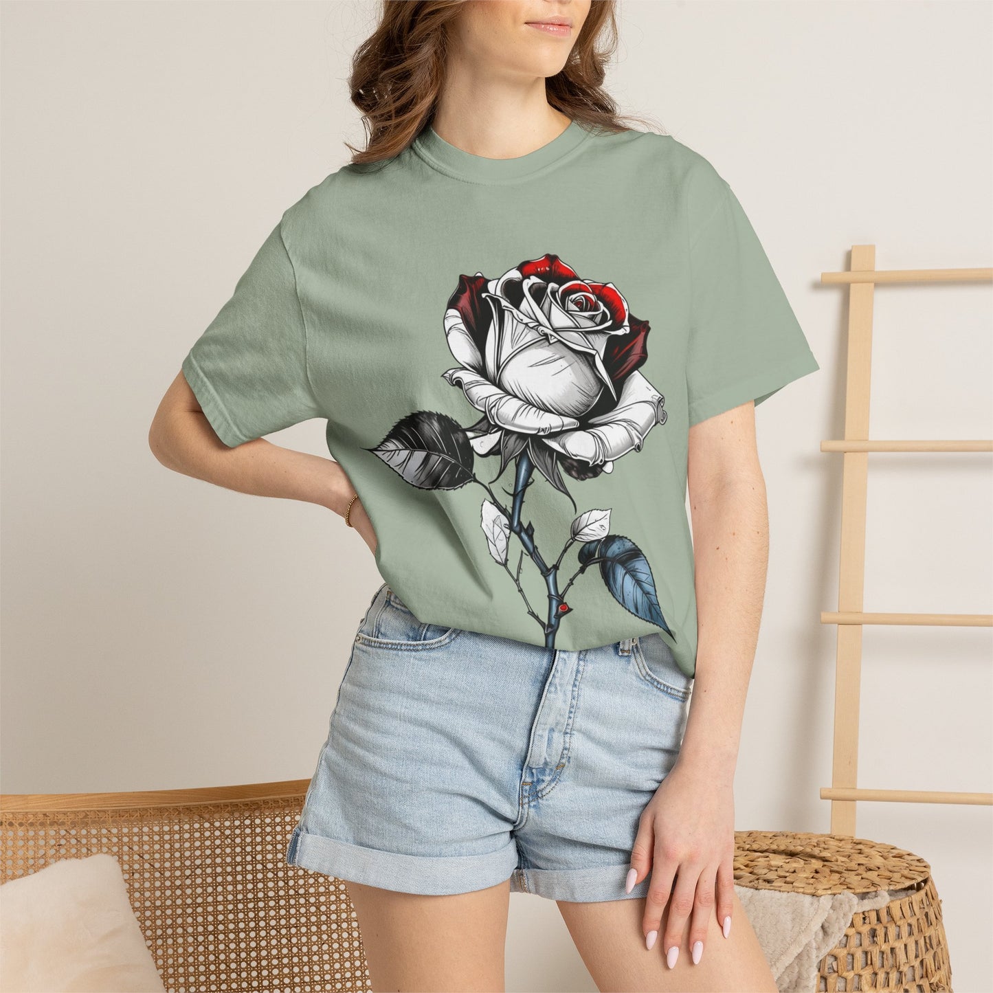 Rose Sketch T-Shirt — Black & Red Botanical Graphic Tee