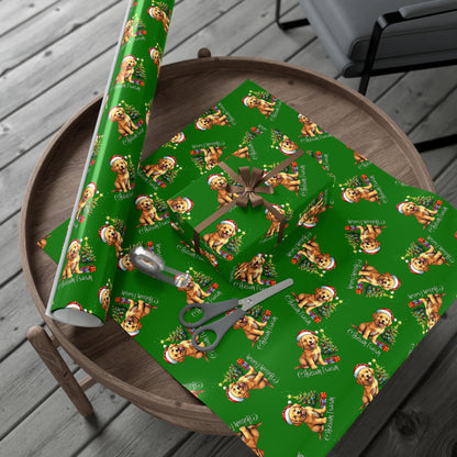 Christmas Puppy Gift Wrap Paper - Green Holiday Dog Wrapping Paper