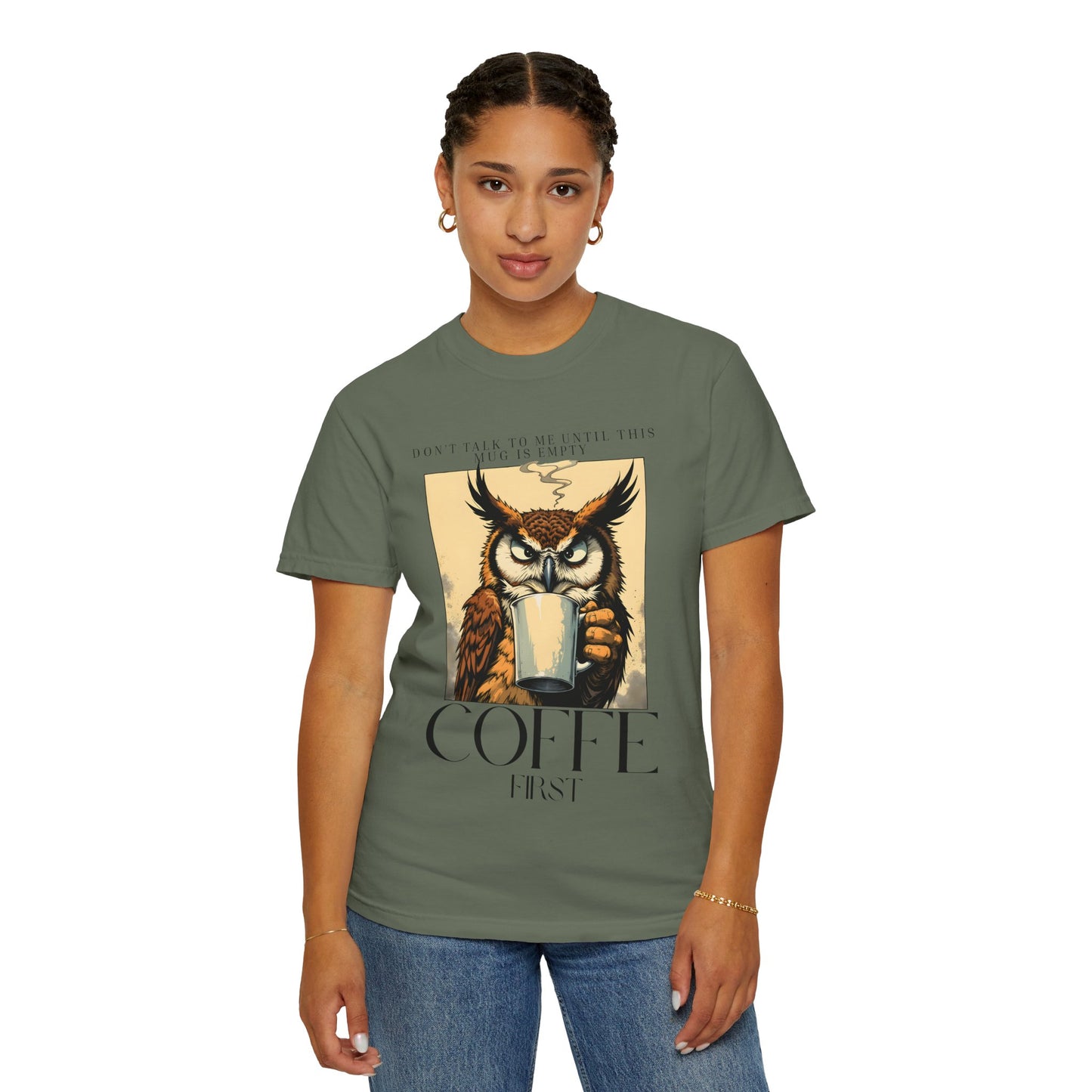 Coffee First Owl T-Shirt — Vintage Coffee Lover Graphic Tee