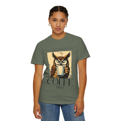 Coffee First Owl T-Shirt — Vintage Coffee Lover Graphic Tee