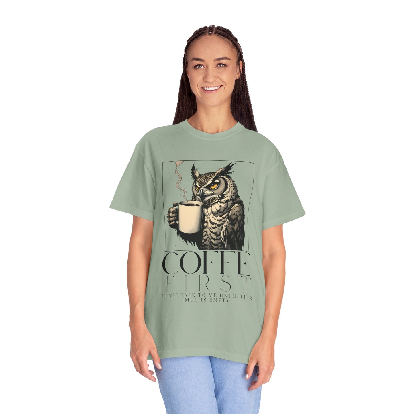 Coffee First Owl T-Shirt — Coffee Lover Graphic Tee