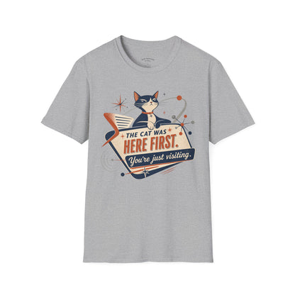 Cat Was Here First T-Shirt — Retro Mid-Century Kitty "You’re Just Visiting" Tee