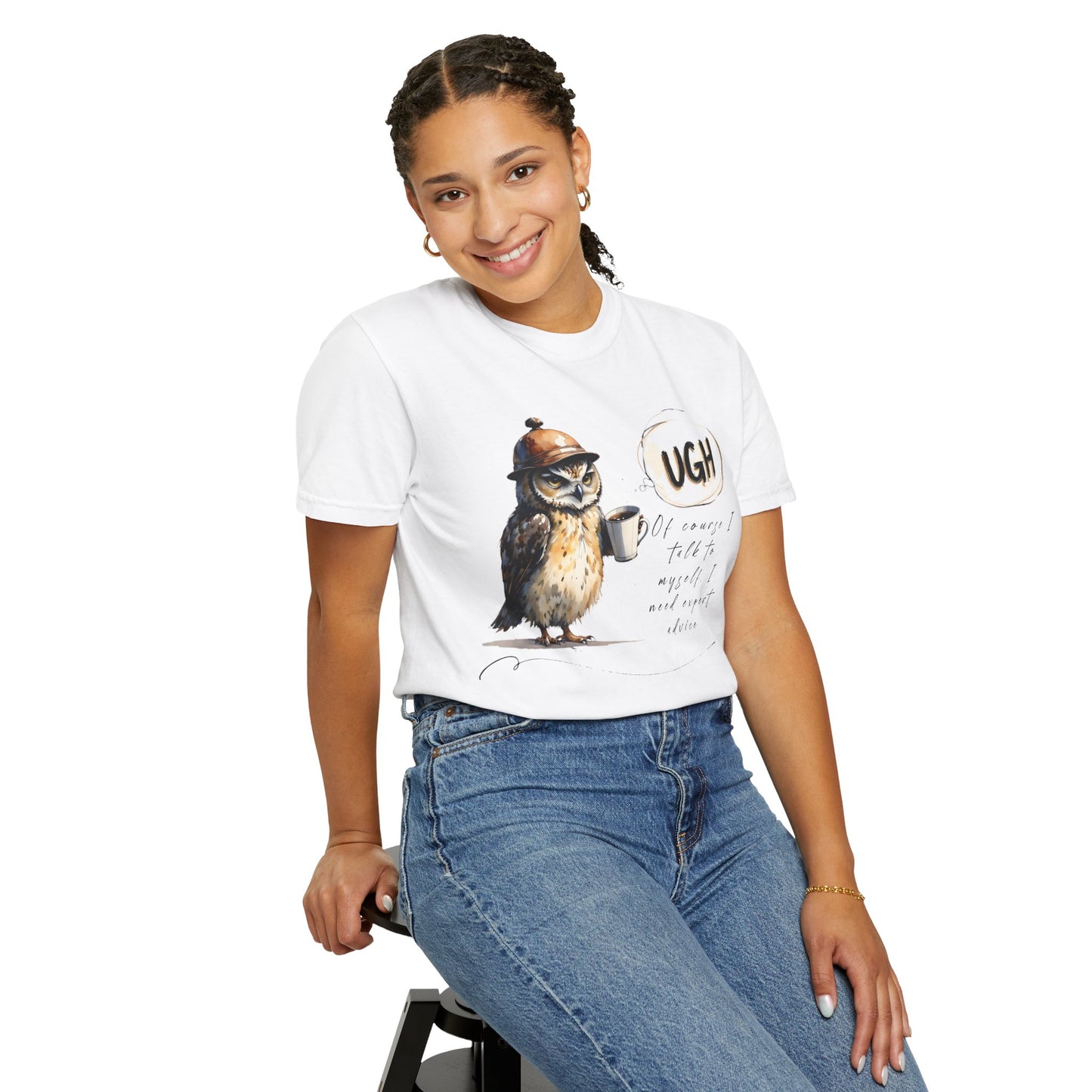 “Ugh” Owl Coffee T-Shirt — Cute Illustrated Owl Saying “UGH” with Coffee