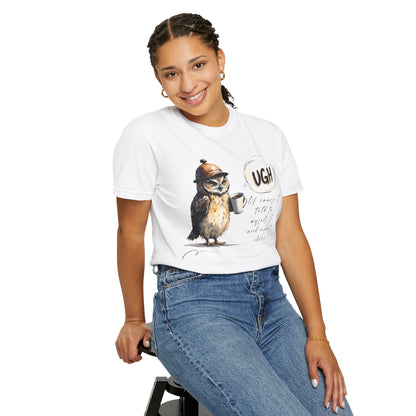 “Ugh” Owl Coffee T-Shirt — Cute Illustrated Owl Saying “UGH” with Coffee