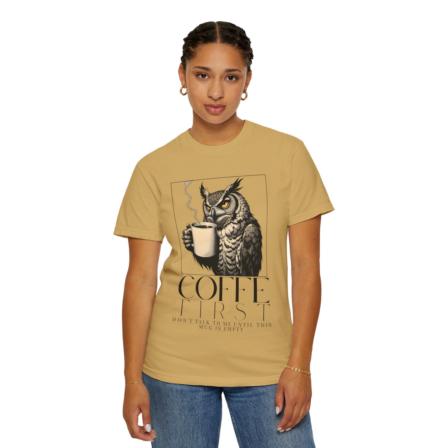 Coffee First Owl T-Shirt — Coffee Lover Graphic Tee