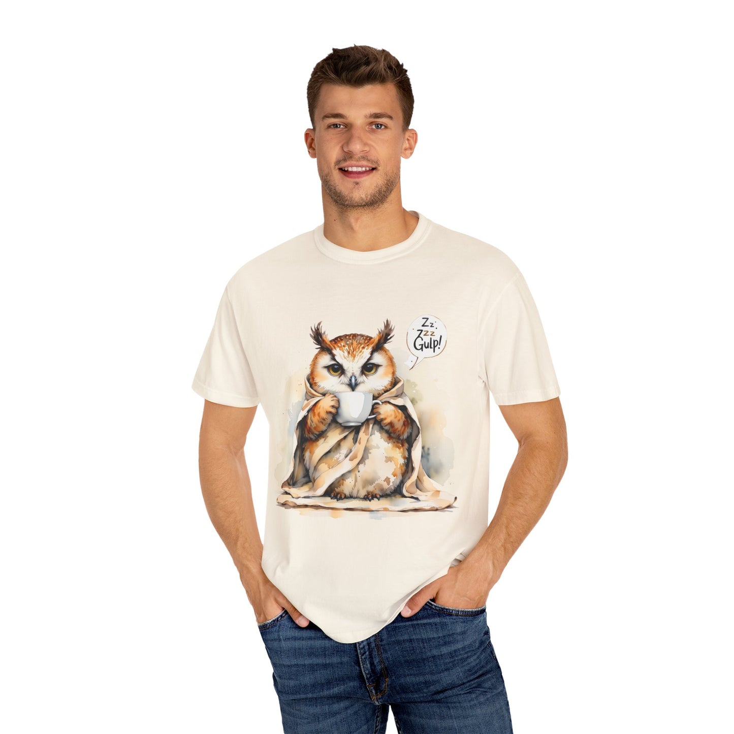 Cozy Owl Drinking Coffee T-Shirt – 'Zzz... Gulp!' Cute Morning Graphic Tee