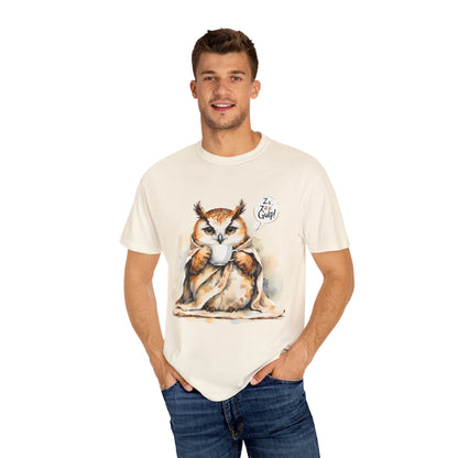 Cozy Owl Drinking Coffee T-Shirt – 'Zzz... Gulp!' Cute Morning Graphic Tee