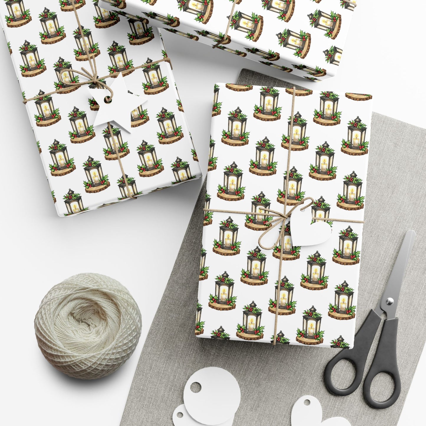 Candle Lantern Pattern Gift Wrap Paper – Holiday Botanical Wrapping Sheets