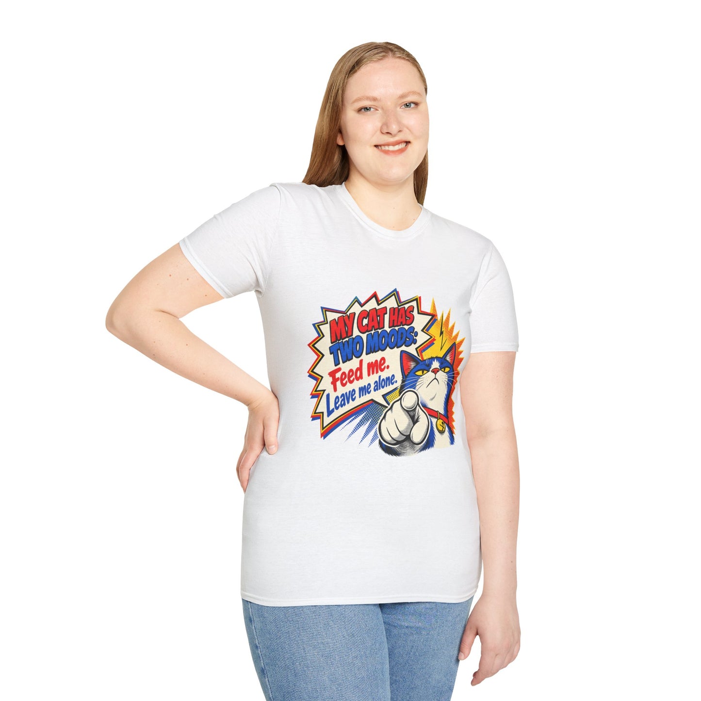 Cat T-Shirt — "My Cat Has Two Moods: Feed Me, Leave Me Alone" Funny Retro Comic Tee