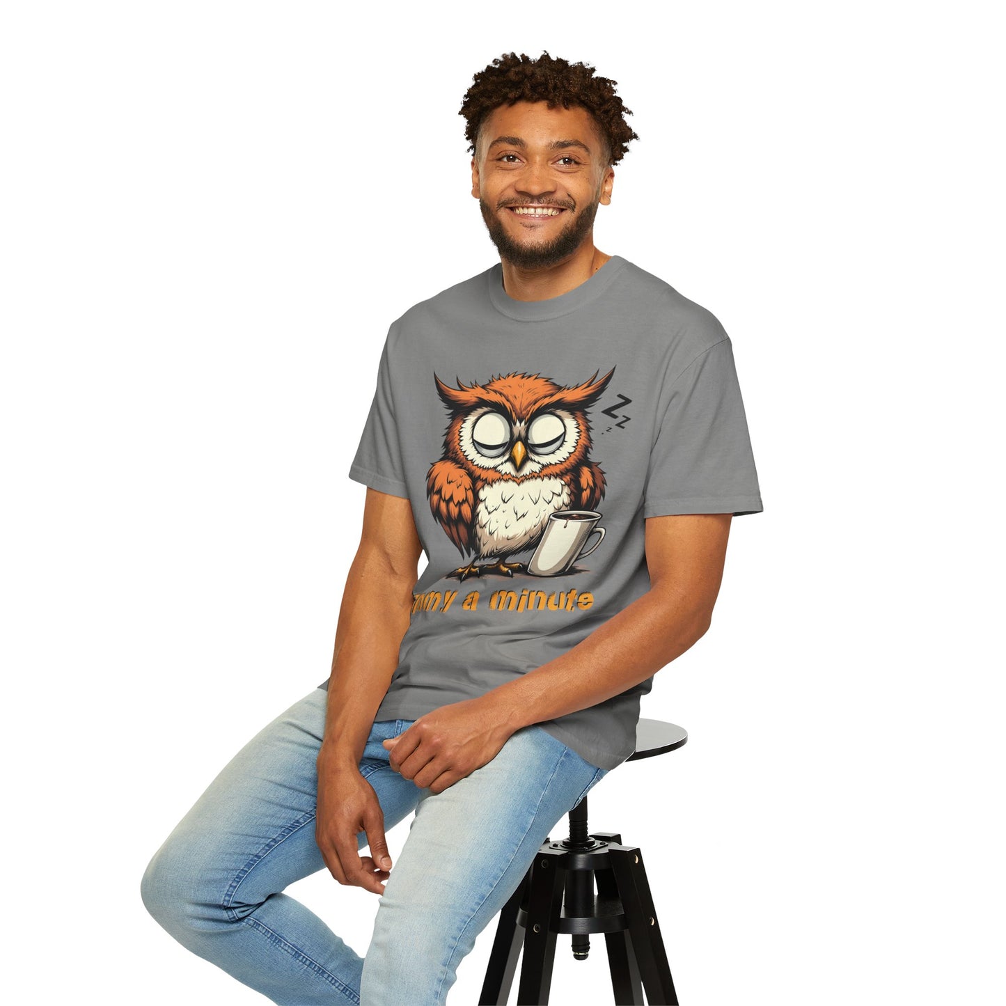 Sleepy Owl Coffee T-Shirt — "Gimme a Minute" Cute Morning Tee
