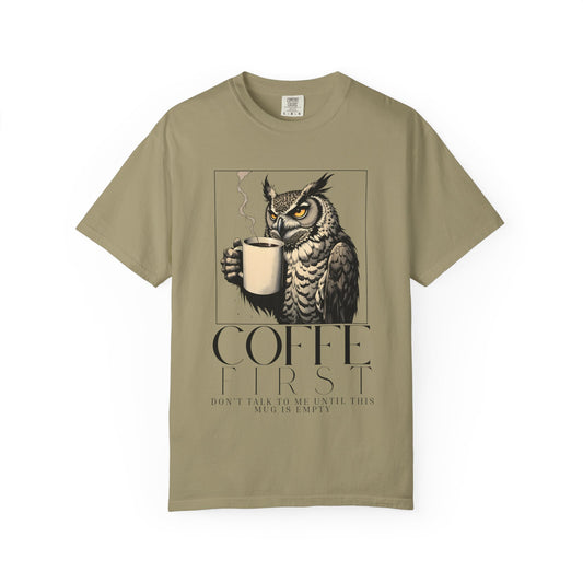 Coffee First Owl T-Shirt — Coffee Lover Graphic Tee