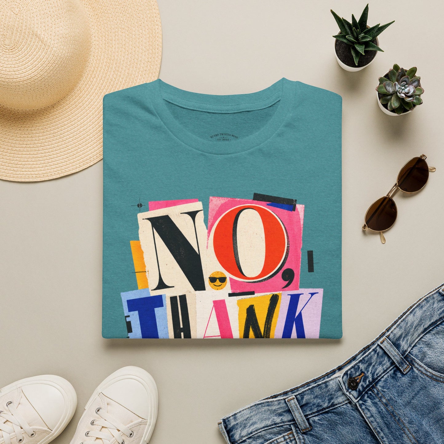 No, Thank You Graphic Tee — Colorful Bold Lettering T‑Shirt
