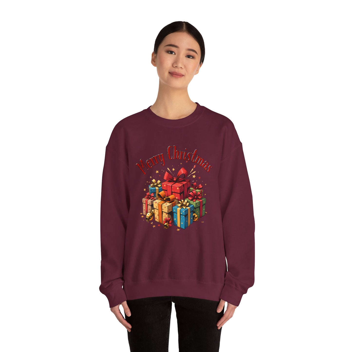 Christmas Crewneck Sweatshirt — "Merry Christmas" with Festive Gift Pile
