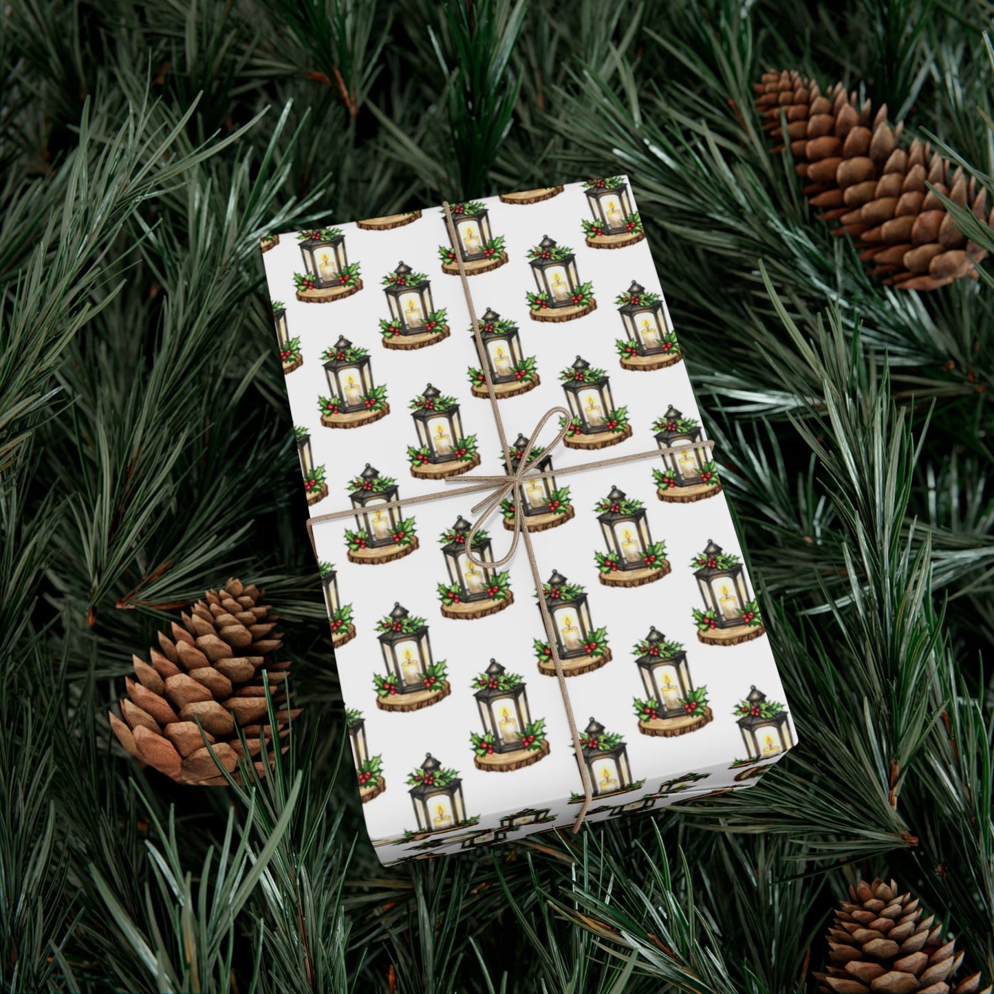 Candle Lantern Pattern Gift Wrap Paper – Holiday Botanical Wrapping Sheets