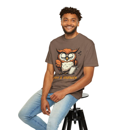 Sleepy Owl Coffee T-Shirt — "Gimme a Minute" Cute Morning Tee
