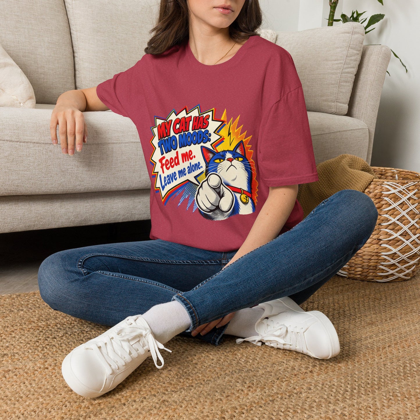 Cat T-Shirt — "My Cat Has Two Moods: Feed Me, Leave Me Alone" Funny Retro Comic Tee