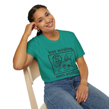 T-Shirt — "Less Scrolling, More Strolling" Dog Graphic Tee