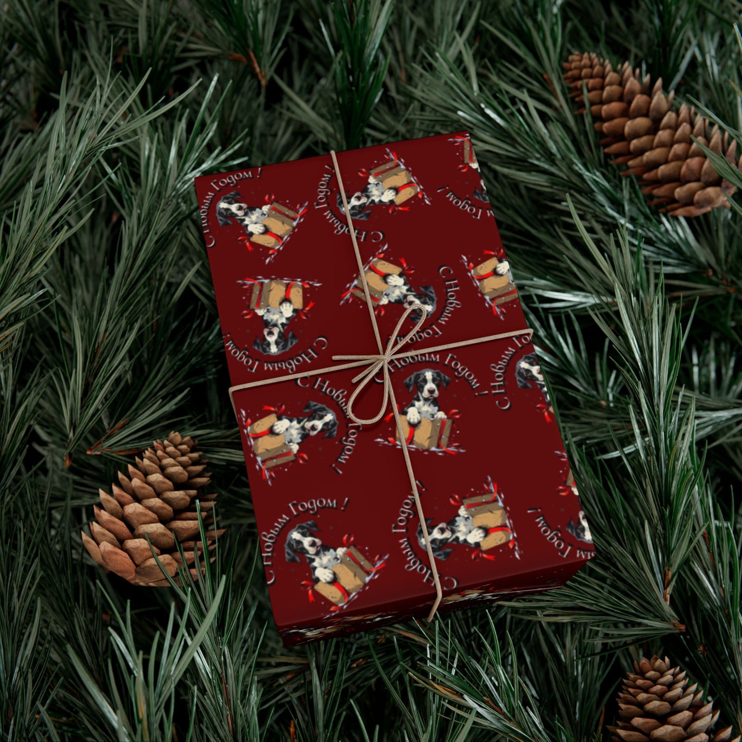Christmas Gift Wrap Paper - Festive Santa & Gifts Pattern on Burgundy