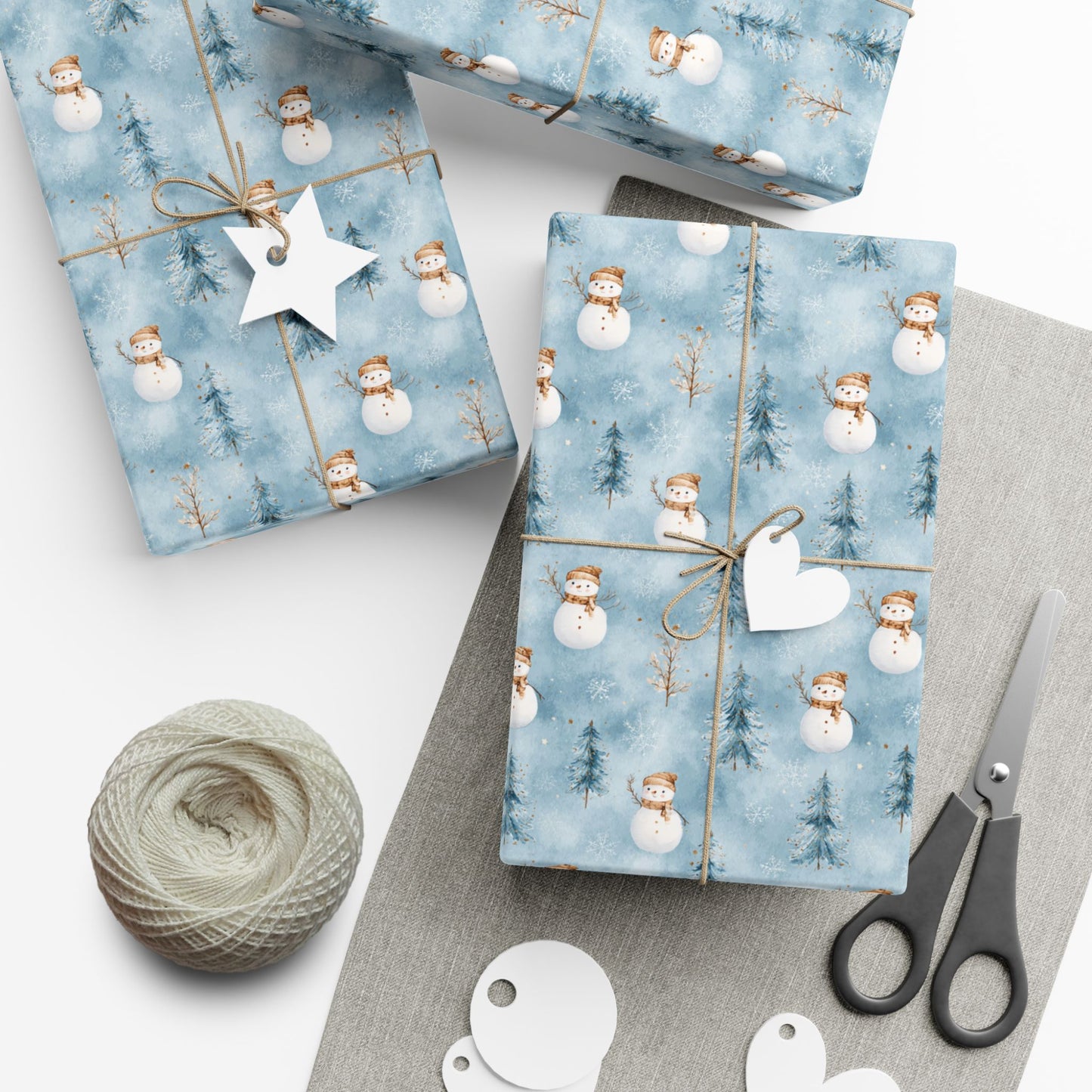 Snowman & Pine Holiday Gift Wrap Paper — Blue Winter Christmas Wrapping Sheets