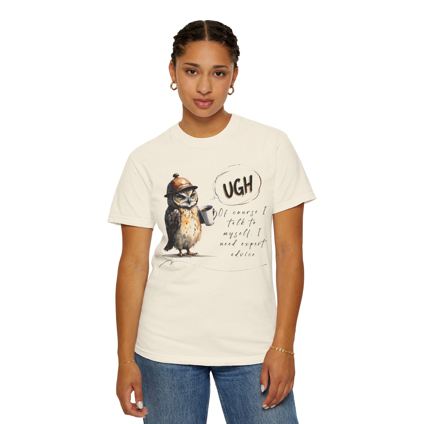 “Ugh” Owl Coffee T-Shirt — Cute Illustrated Owl Saying “UGH” with Coffee