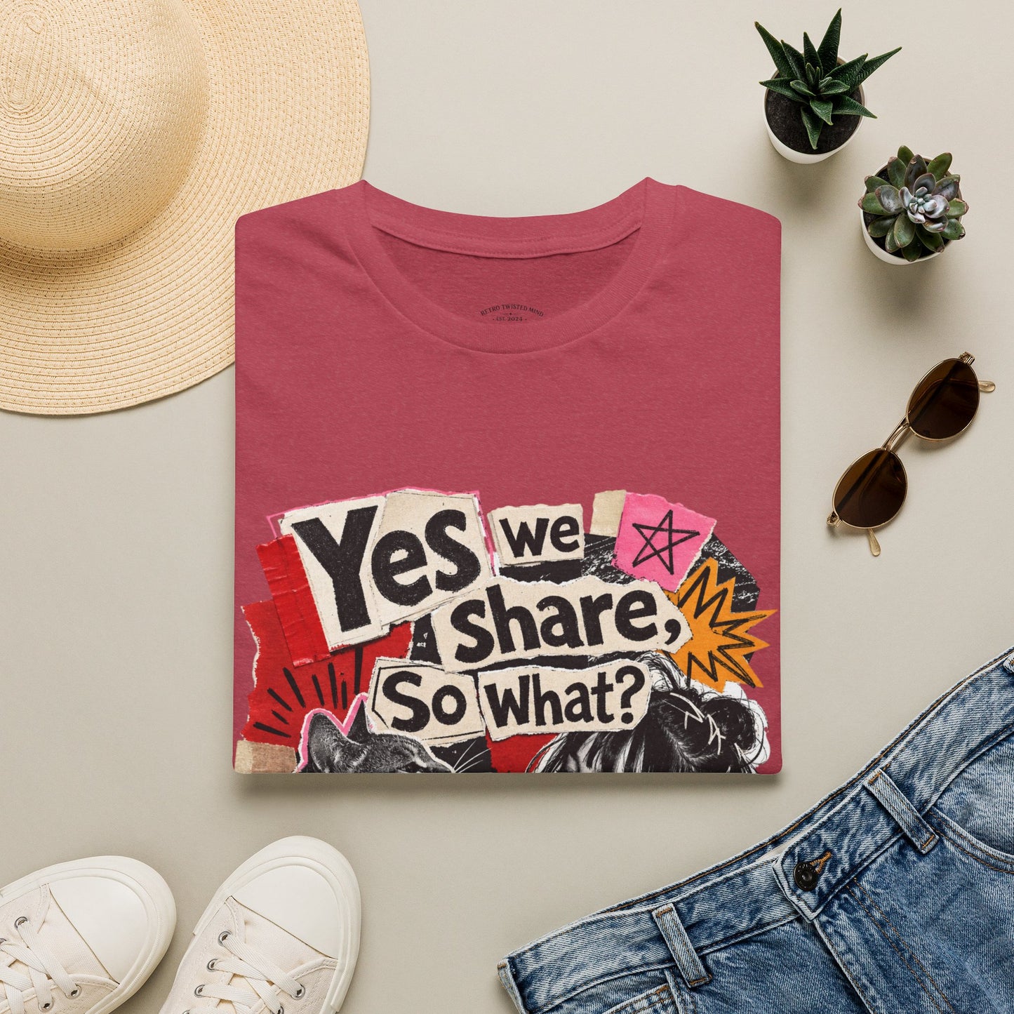 T-Shirt — "Yes We Share, So What?" Retro Collage Graphic Tee