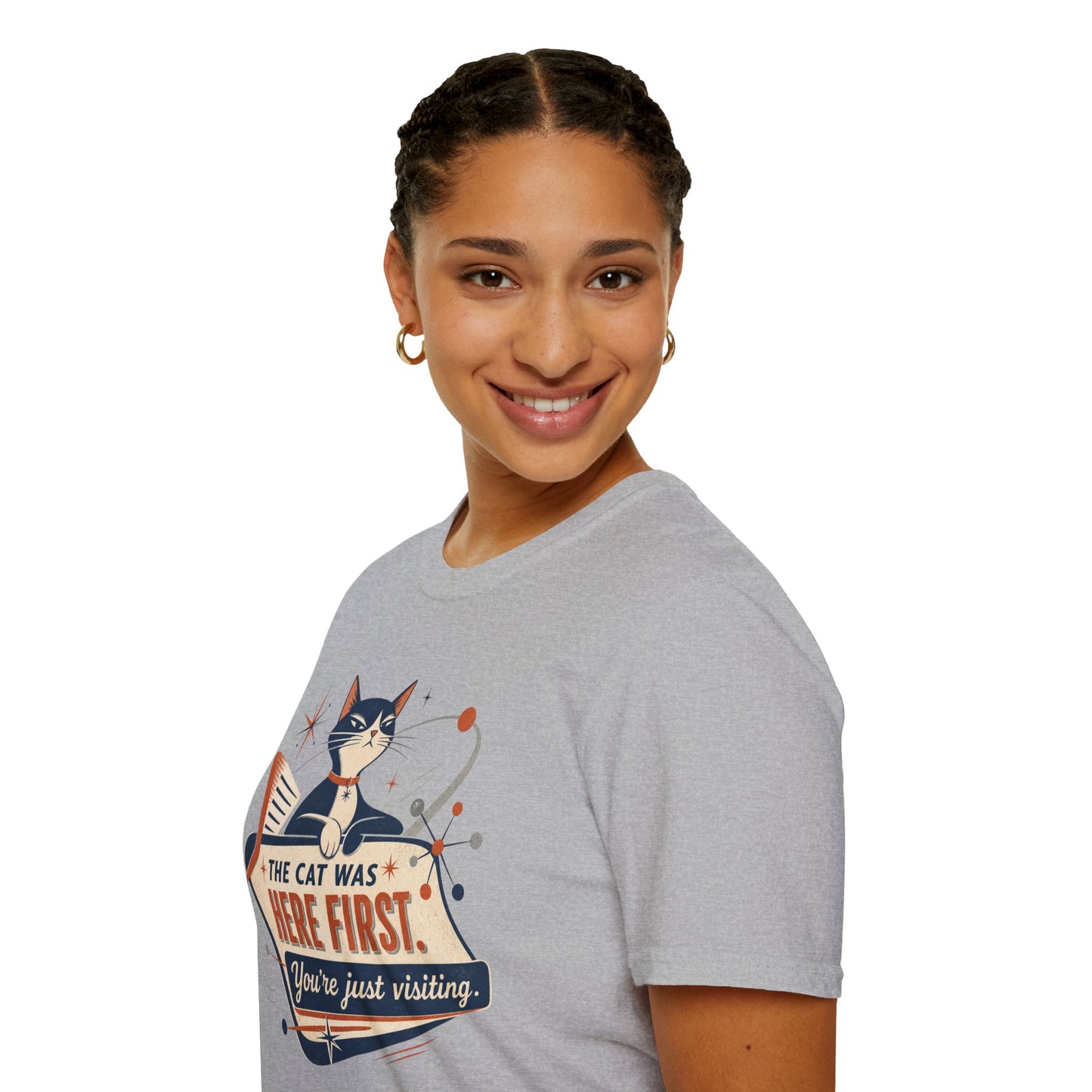 Cat Was Here First T-Shirt — Retro Mid-Century Kitty "You’re Just Visiting" Tee