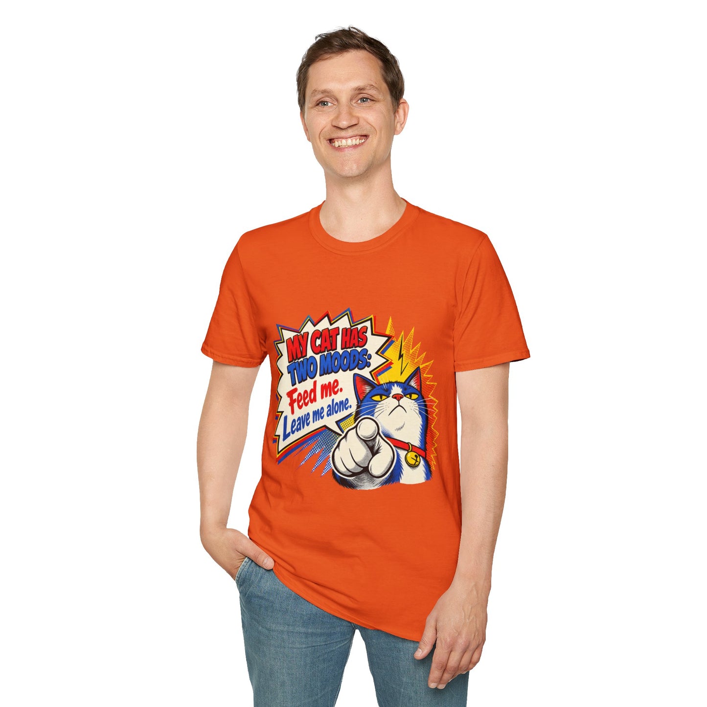 Cat T-Shirt — "My Cat Has Two Moods: Feed Me, Leave Me Alone" Funny Retro Comic Tee