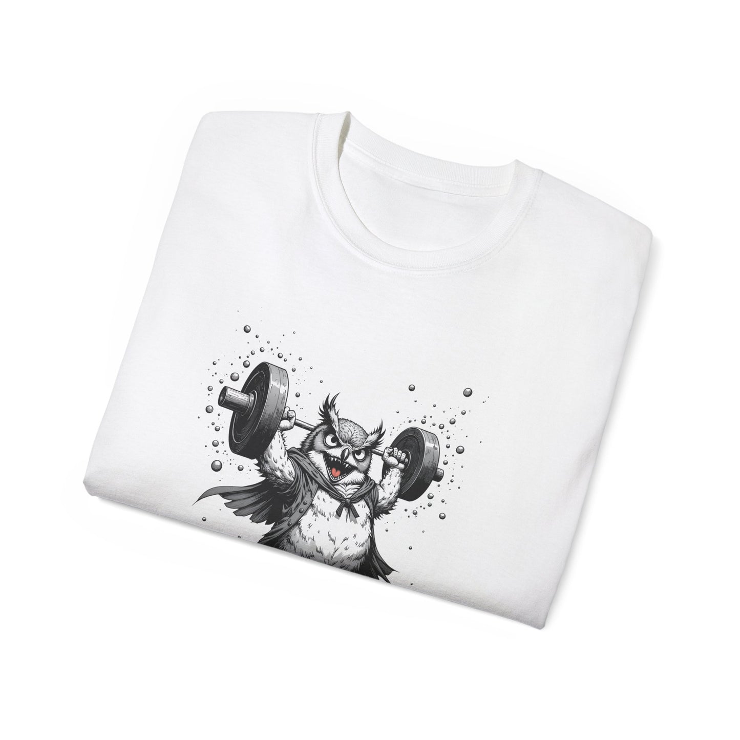 Weightlifting Owl Graphic Tee — "Morning Power" Fitness T-Shirt