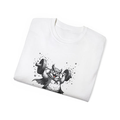 Weightlifting Owl Graphic Tee — "Morning Power" Fitness T-Shirt