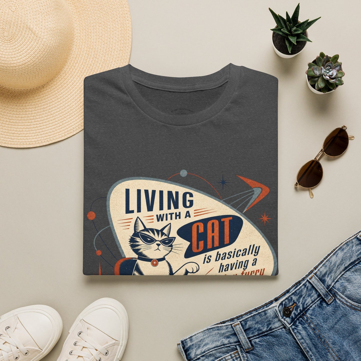 Cat T-Shirt — "Living with a Cat is Basically Having a Furry CEO" Retro Graphic