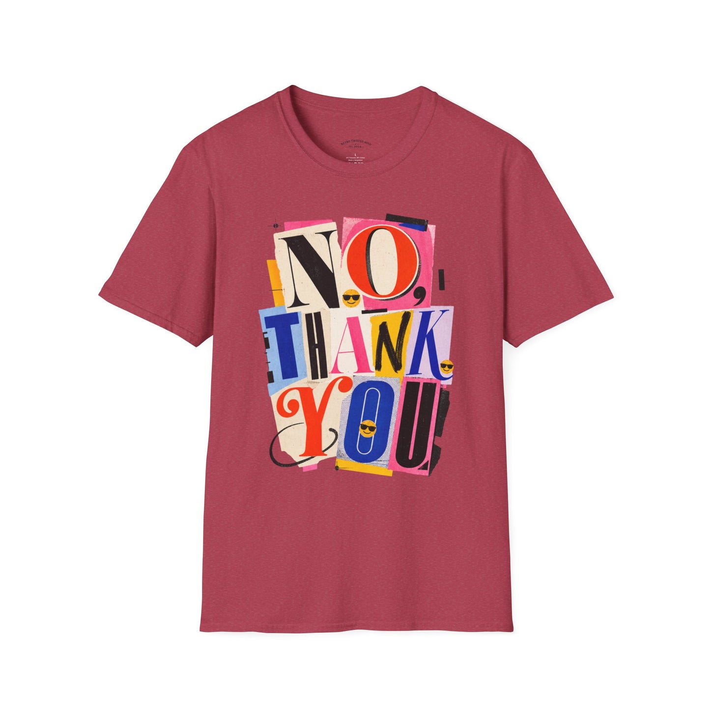 No, Thank You Graphic Tee — Colorful Bold Lettering T‑Shirt
