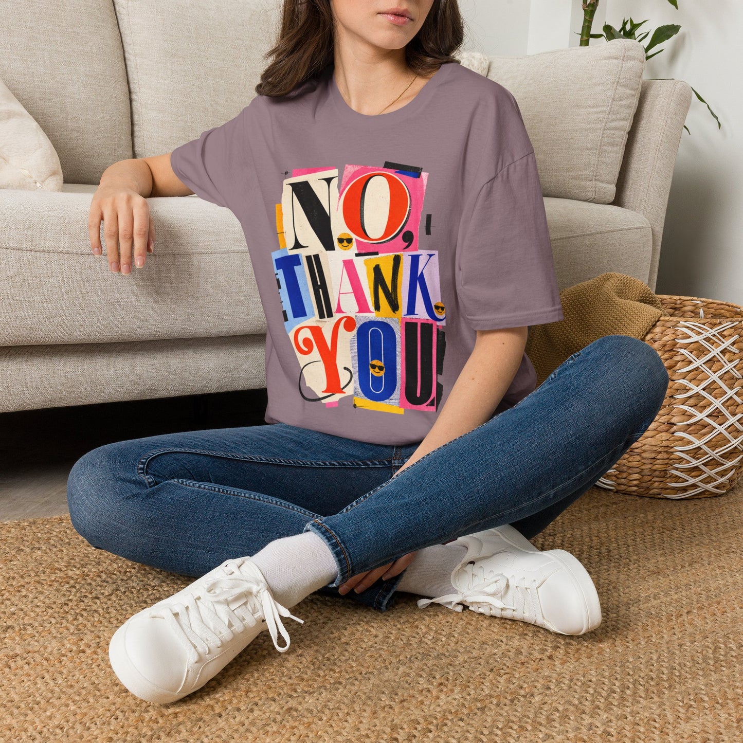 No, Thank You Graphic Tee — Colorful Bold Lettering T‑Shirt