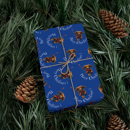 Blue Holiday Wrapping Paper with Reindeer & "Merry Christmas" Pattern