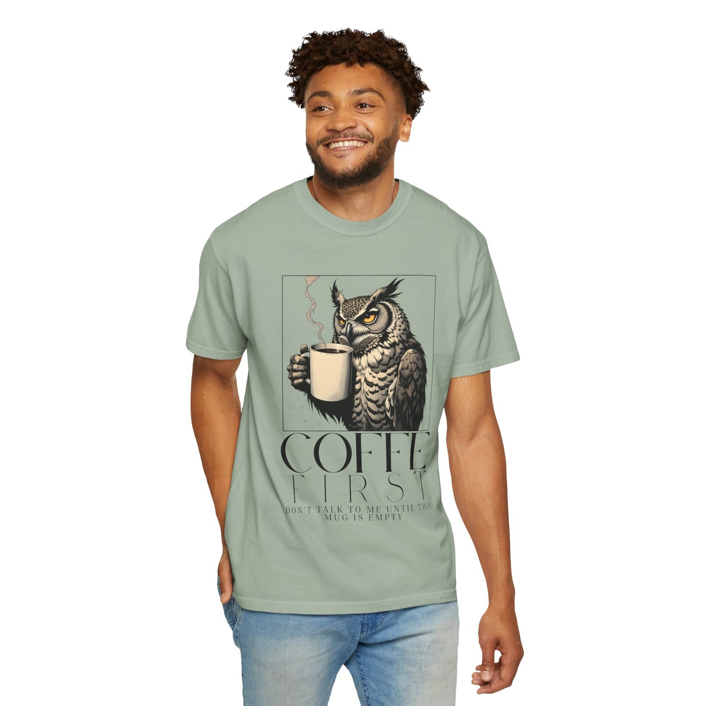 Coffee First Owl T-Shirt — Coffee Lover Graphic Tee