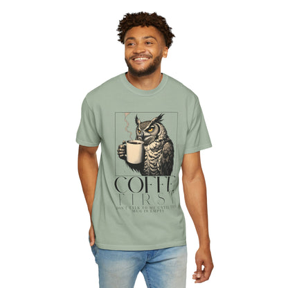 Coffee First Owl T-Shirt — Coffee Lover Graphic Tee