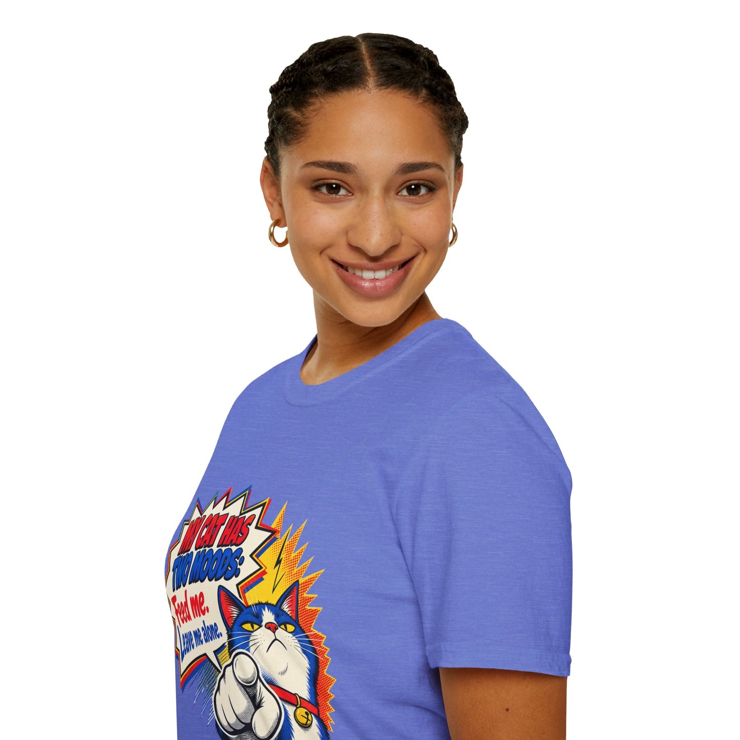 Cat T-Shirt — "My Cat Has Two Moods: Feed Me, Leave Me Alone" Funny Retro Comic Tee