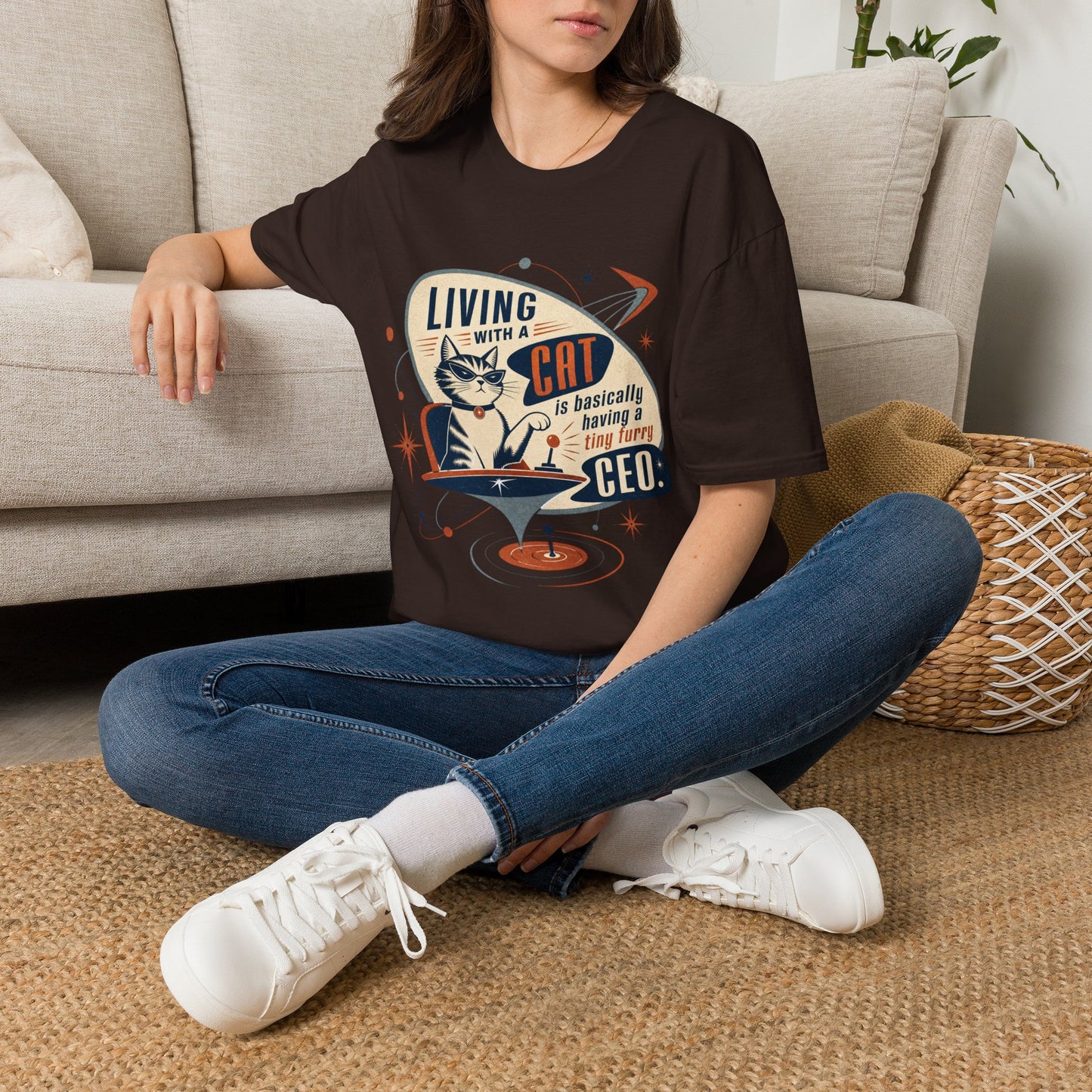 Cat T-Shirt — "Living with a Cat is Basically Having a Furry CEO" Retro Graphic