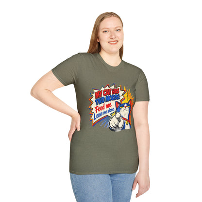 Cat T-Shirt — "My Cat Has Two Moods: Feed Me, Leave Me Alone" Funny Retro Comic Tee
