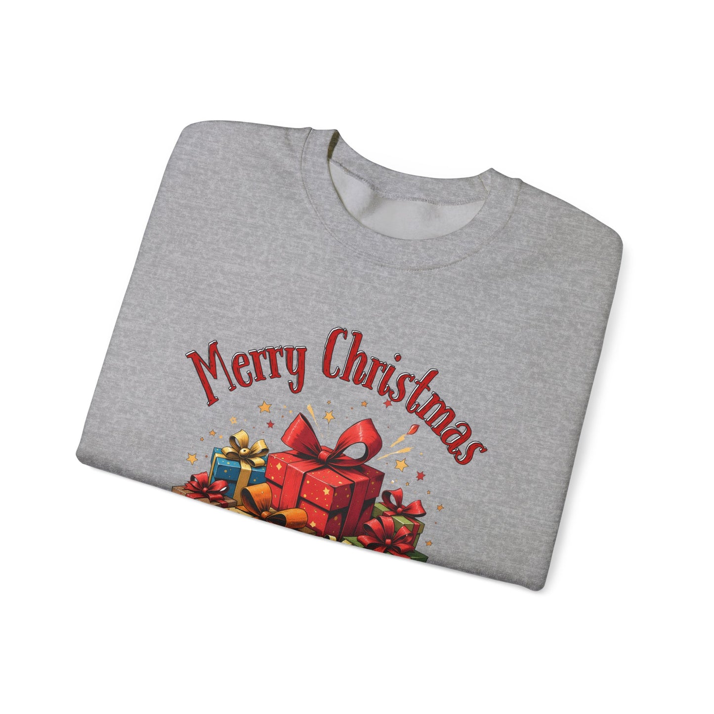 Christmas Crewneck Sweatshirt — "Merry Christmas" with Festive Gift Pile