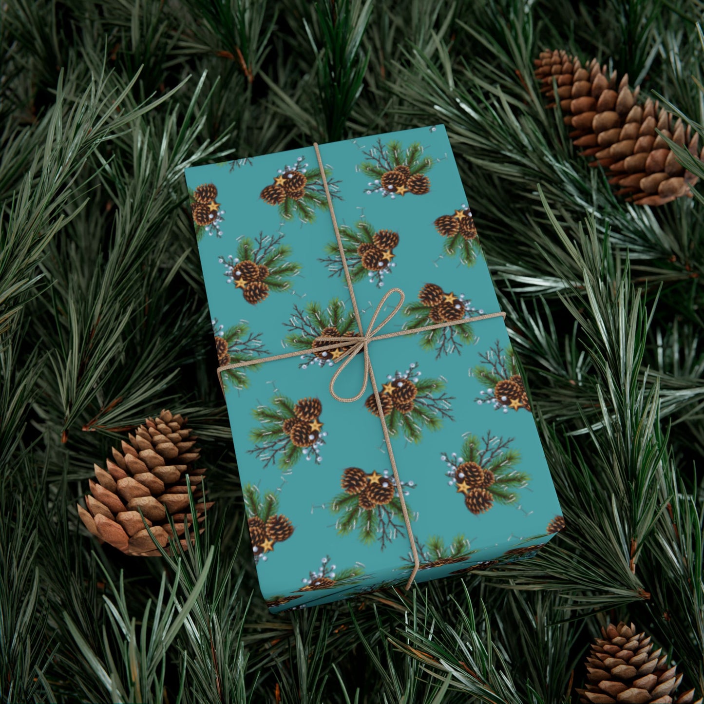 Pinecone Bouquet Gift Wrap - Rustic Teal Holiday Wrapping Paper