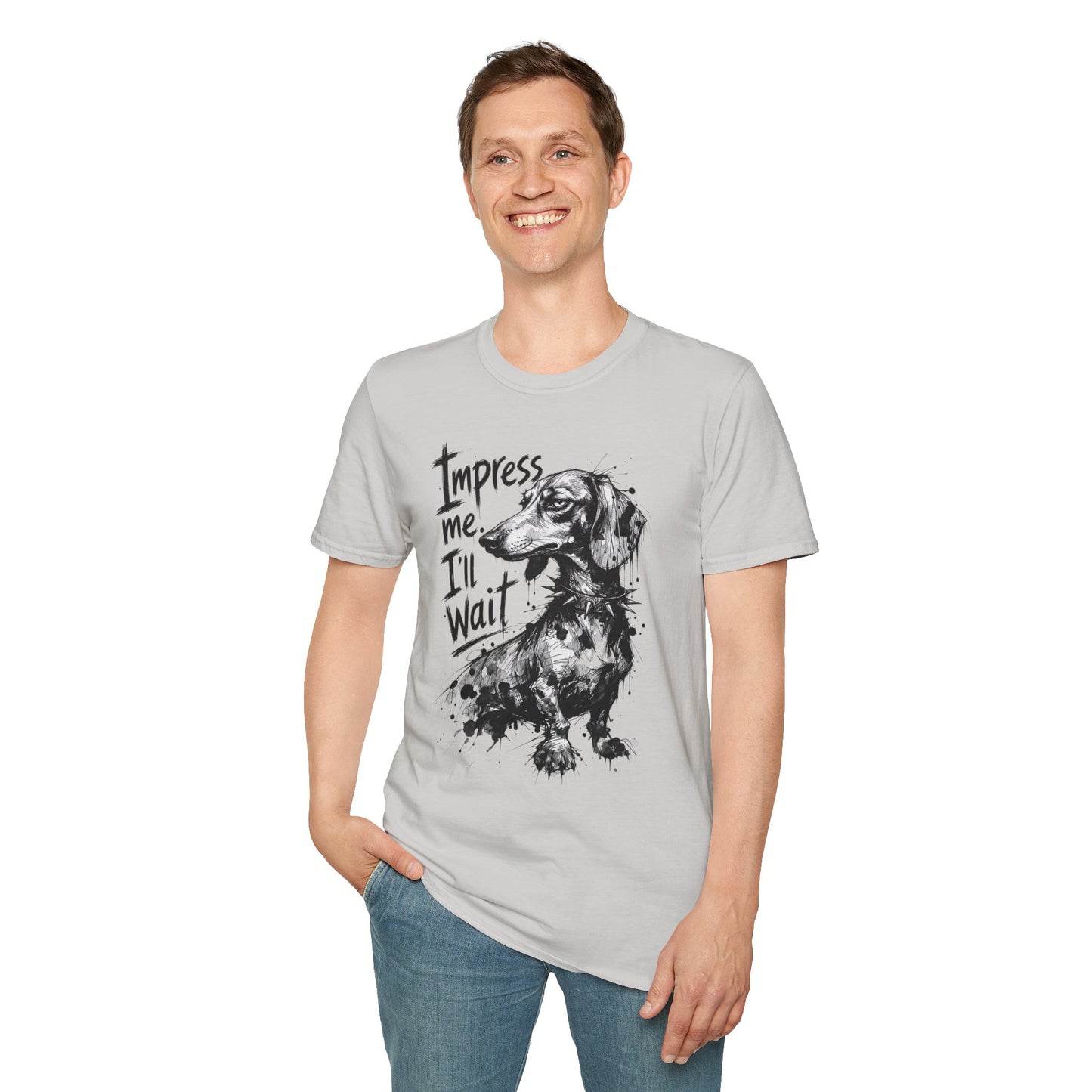 Dachshund Graphic Tee — "Impress Me. I'll Wait" Dog Lover T-Shirt