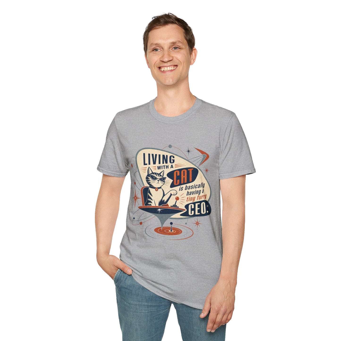 Cat T-Shirt — "Living with a Cat is Basically Having a Furry CEO" Retro Graphic
