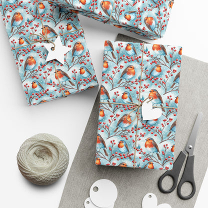 Robin & Berries Gift Wrap Paper — Winter Holiday Wrapping Sheets